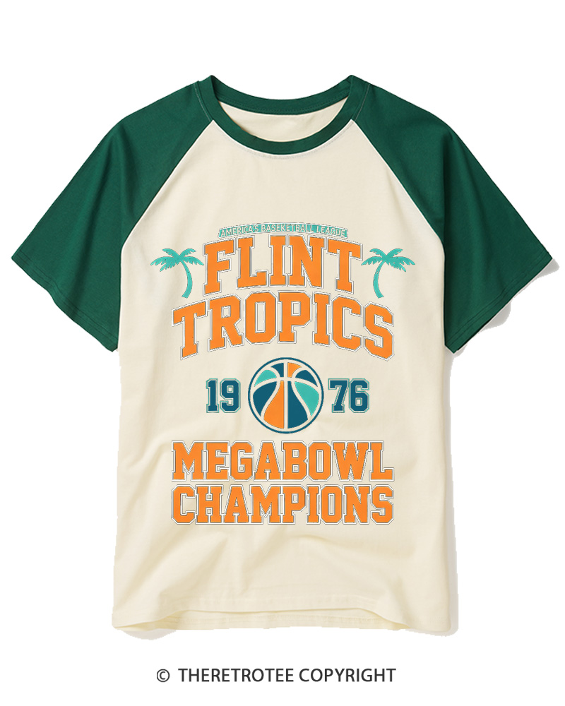 TheRetroTee Flint Tropics Megabowl Champions 1976 Raglan Baseball T-Shirt