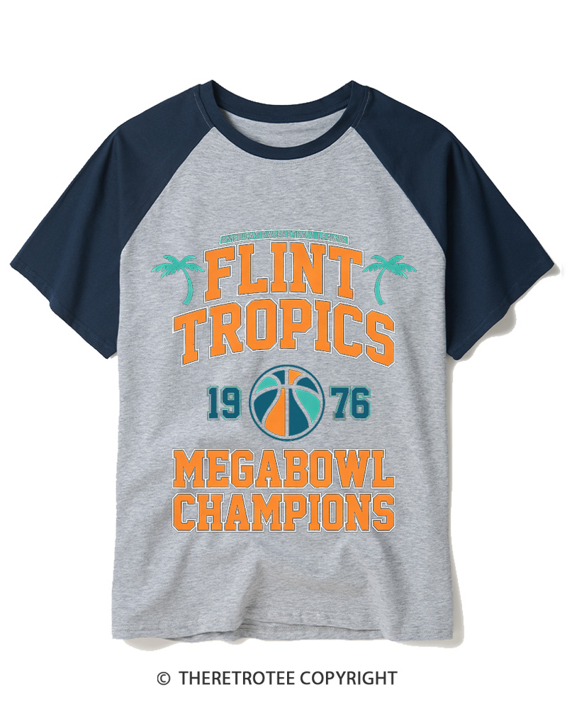 TheRetroTee Flint Tropics Megabowl Champions 1976 Raglan Baseball T-Shirt