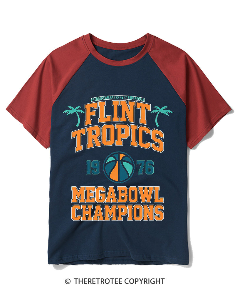 TheRetroTee Flint Tropics Megabowl Champions 1976 Raglan Baseball T-Shirt