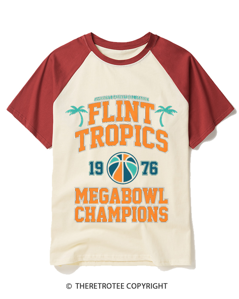 TheRetroTee Flint Tropics Megabowl Champions 1976 Raglan Baseball T-Shirt
