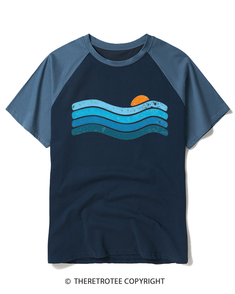 TheRetroTee Sunset Ocean Waves Raglan Baseball T-Shirt