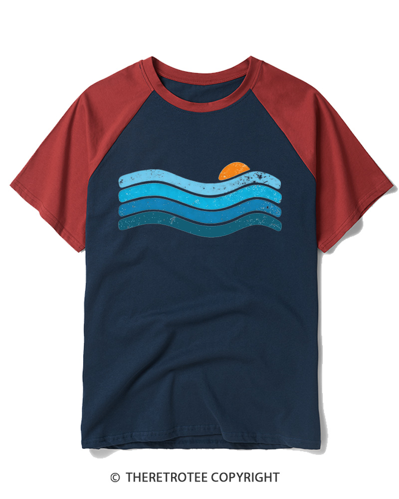 TheRetroTee Sunset Ocean Waves Raglan Baseball T-Shirt