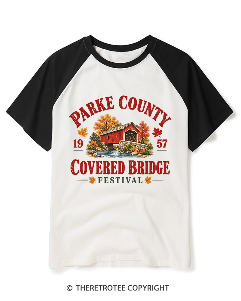 TheRetroTee 1957 Parke County Covered Bridge FestivalRaglan Baseball T-Shirt