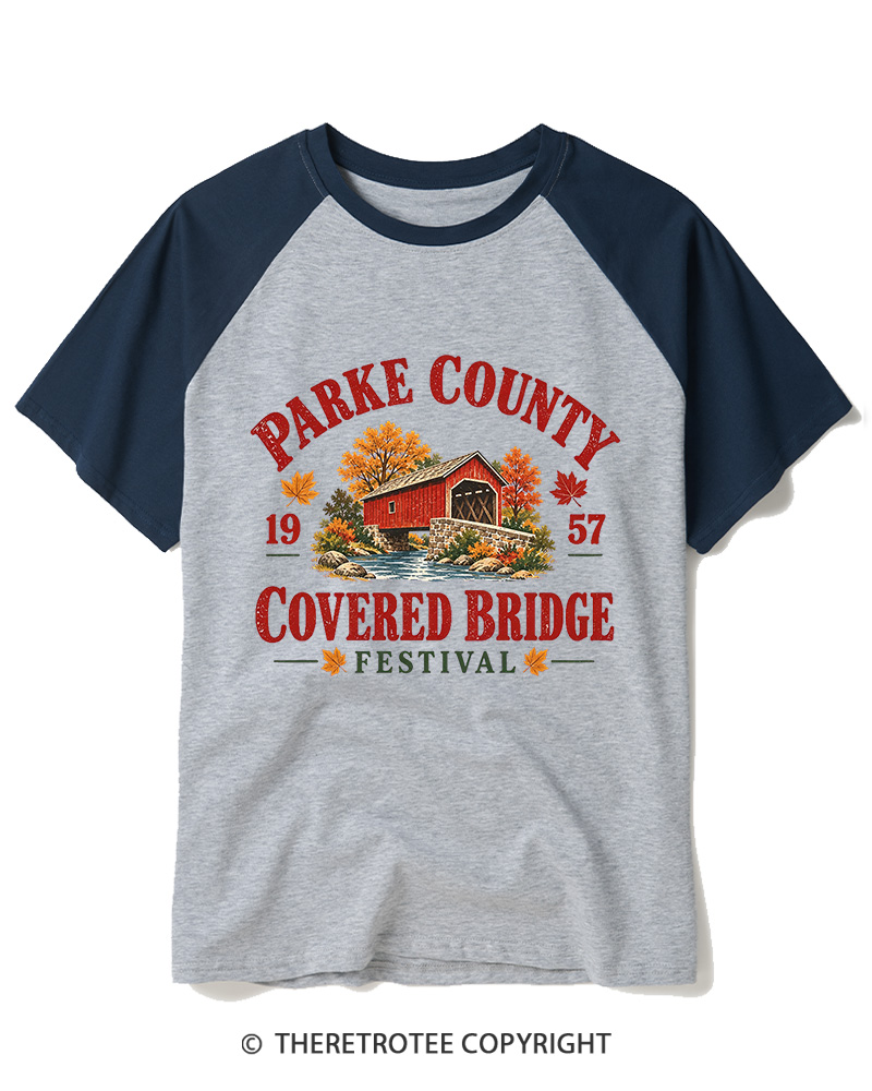TheRetroTee 1957 Parke County Covered Bridge FestivalRaglan Baseball T-Shirt