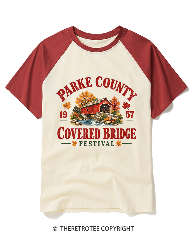 TheRetroTee 1957 Parke County Covered Bridge FestivalRaglan Baseball T-Shirt