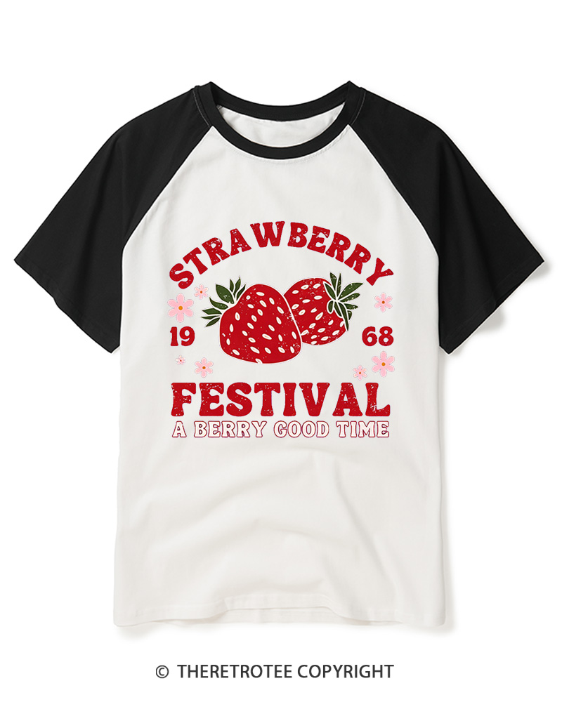 TheRetroTee 1968 Vintage Strawberry Festival Raglan Baseball T-Shirt