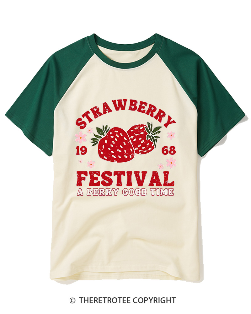 TheRetroTee 1968 Vintage Strawberry Festival Raglan Baseball T-Shirt