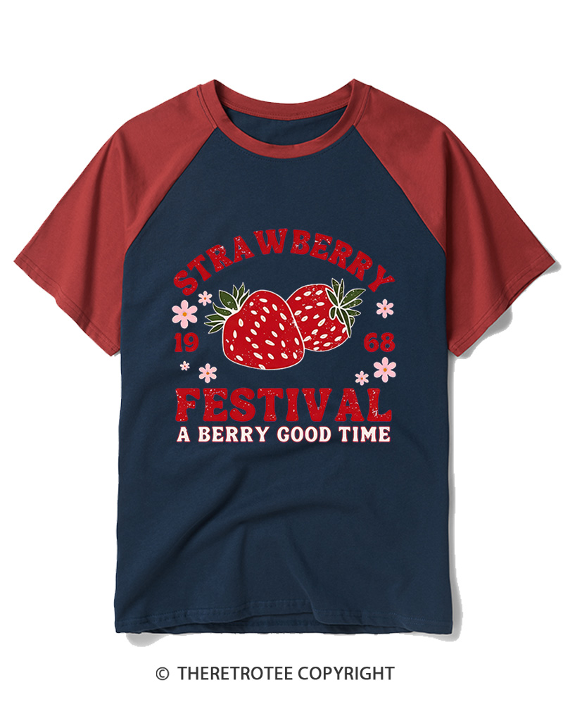 TheRetroTee 1968 Vintage Strawberry Festival Raglan Baseball T-Shirt