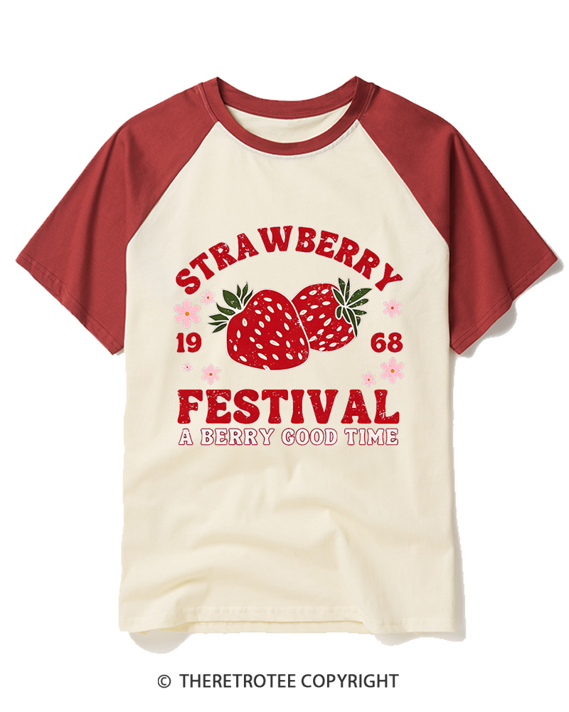 TheRetroTee 1968 Vintage Strawberry Festival Raglan Baseball T-Shirt