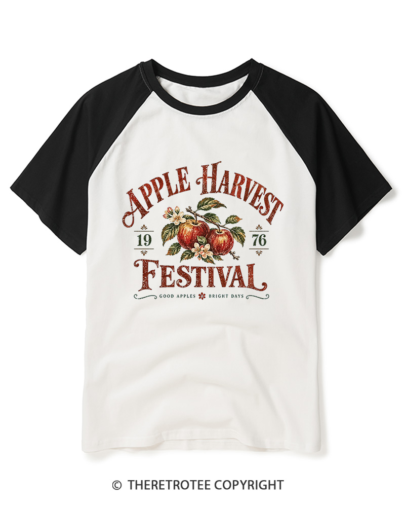 TheRetroTee 1976 Vintage Apple Harvest Graphic Raglan Baseball T-Shirt