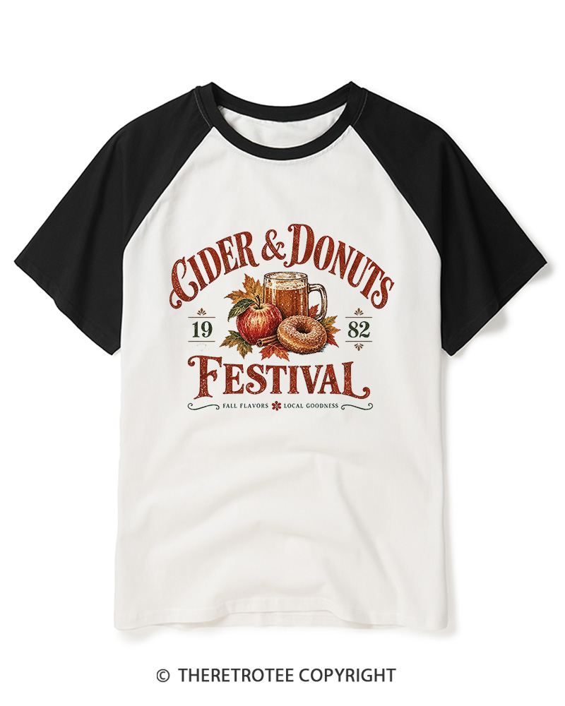 TheRetroTee 1982 Vintage Cider & Donuts Graphic Raglan Baseball T-Shirt