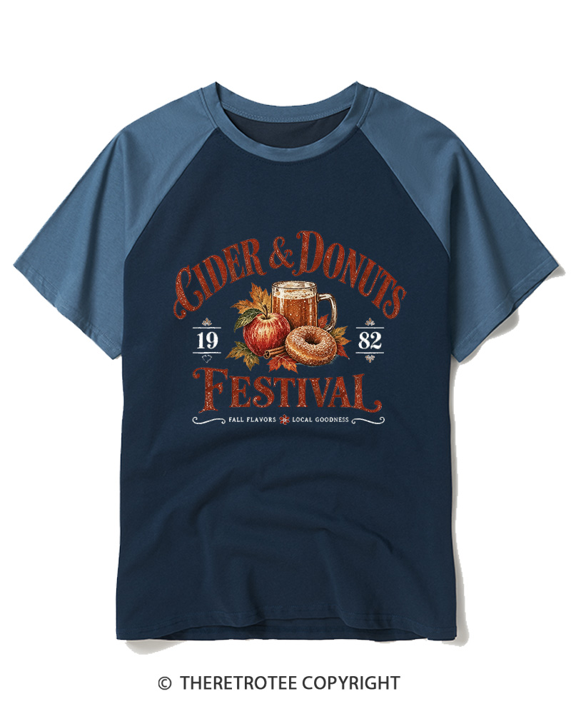 TheRetroTee 1982 Vintage Cider & Donuts Graphic Raglan Baseball T-Shirt