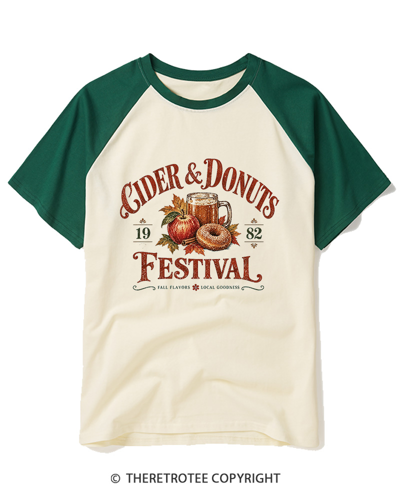 TheRetroTee 1982 Vintage Cider & Donuts Graphic Raglan Baseball T-Shirt