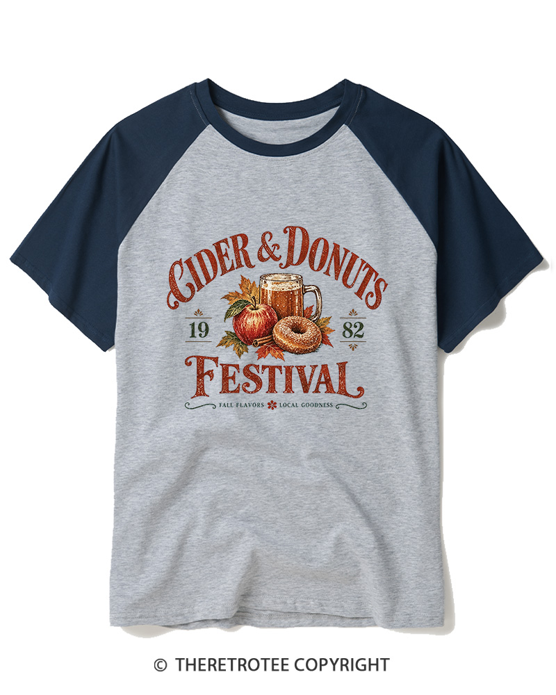 TheRetroTee 1982 Vintage Cider & Donuts Graphic Raglan Baseball T-Shirt