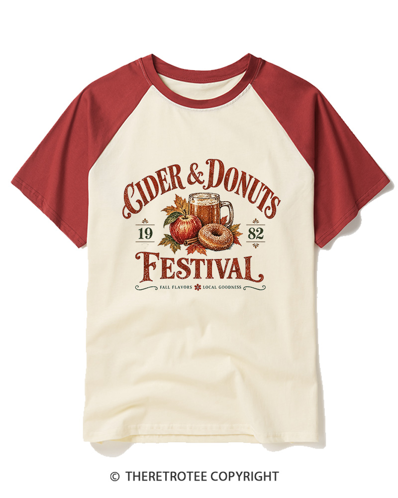 TheRetroTee 1982 Vintage Cider & Donuts Graphic Raglan Baseball T-Shirt