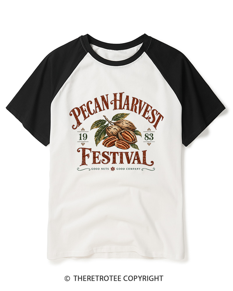 TheRetroTee 1983 Vintage Pecan Harvest Graphic Raglan Baseball T-Shirt