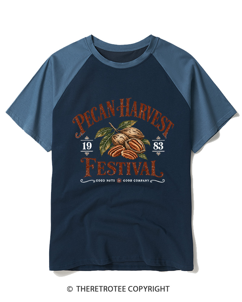 TheRetroTee 1983 Vintage Pecan Harvest Graphic Raglan Baseball T-Shirt