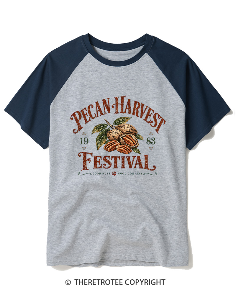 TheRetroTee 1983 Vintage Pecan Harvest Graphic Raglan Baseball T-Shirt