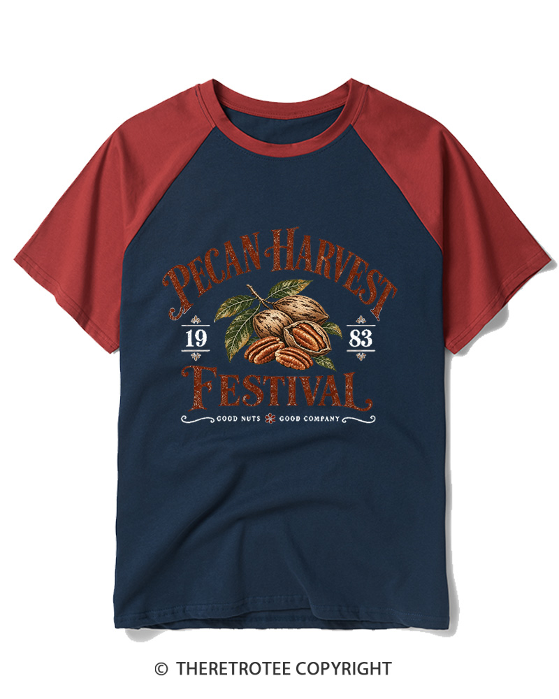 TheRetroTee 1983 Vintage Pecan Harvest Graphic Raglan Baseball T-Shirt