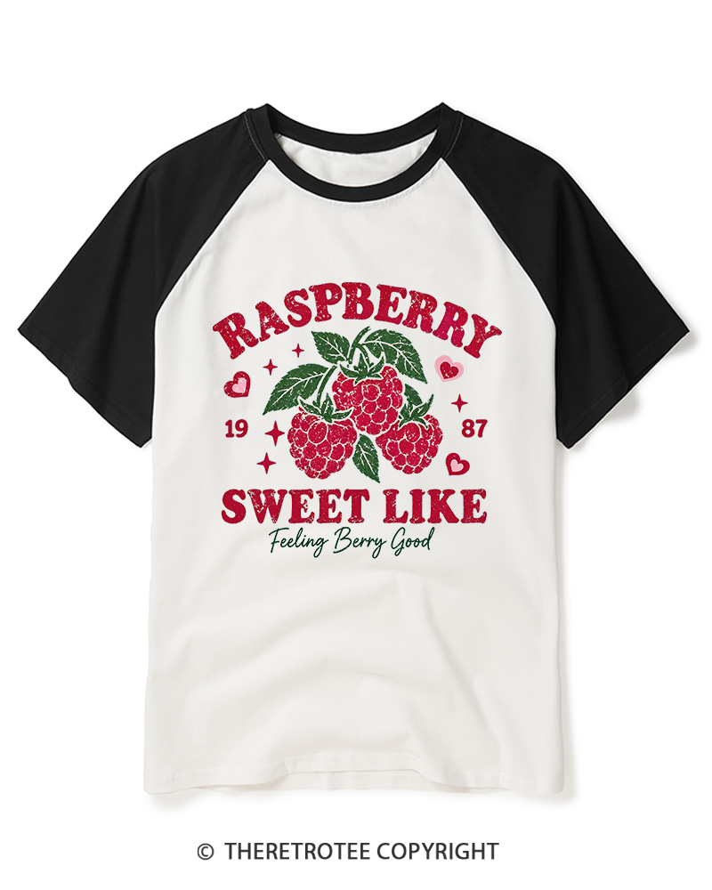 TheRetroTee 1987 American Vintage Raspberry Graphic Raglan Baseball T-Shirt