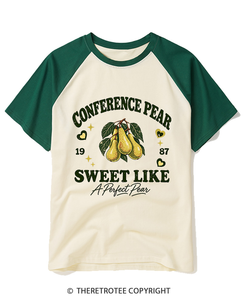 TheRetroTee 1987 British Vintage Conference Pear Graphic Raglan Baseball T-Shirt