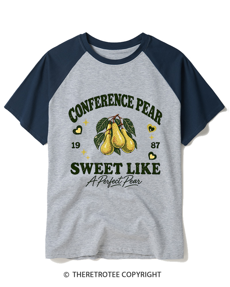 TheRetroTee 1987 British Vintage Conference Pear Graphic Raglan Baseball T-Shirt