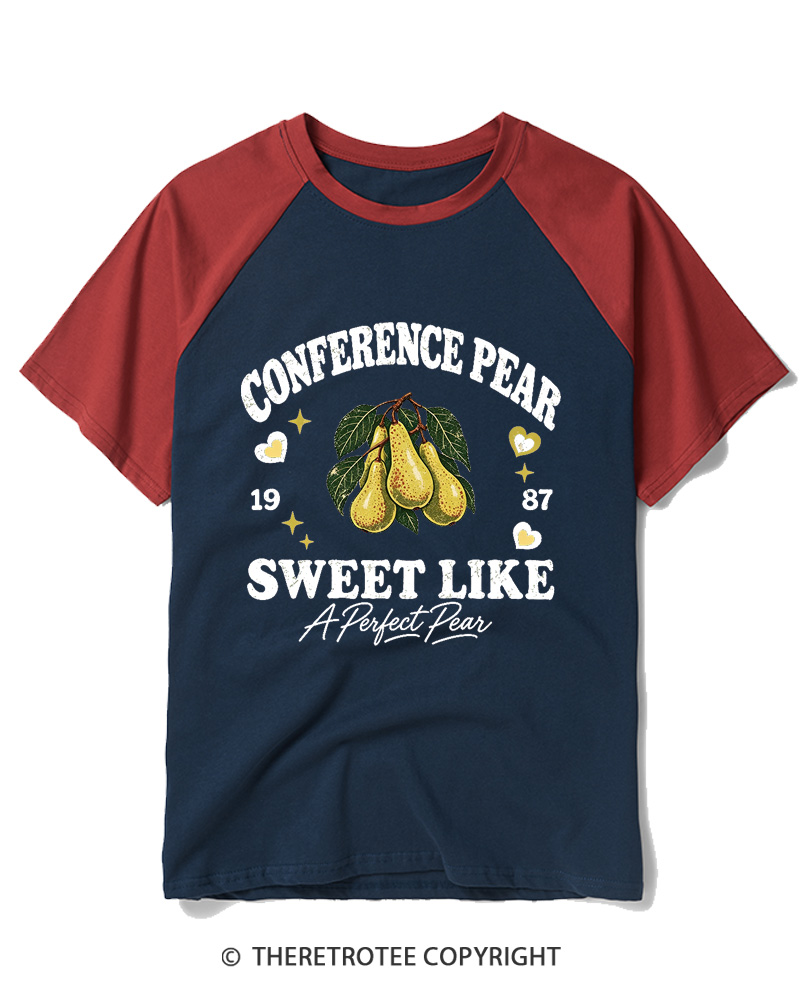 TheRetroTee 1987 British Vintage Conference Pear Graphic Raglan Baseball T-Shirt