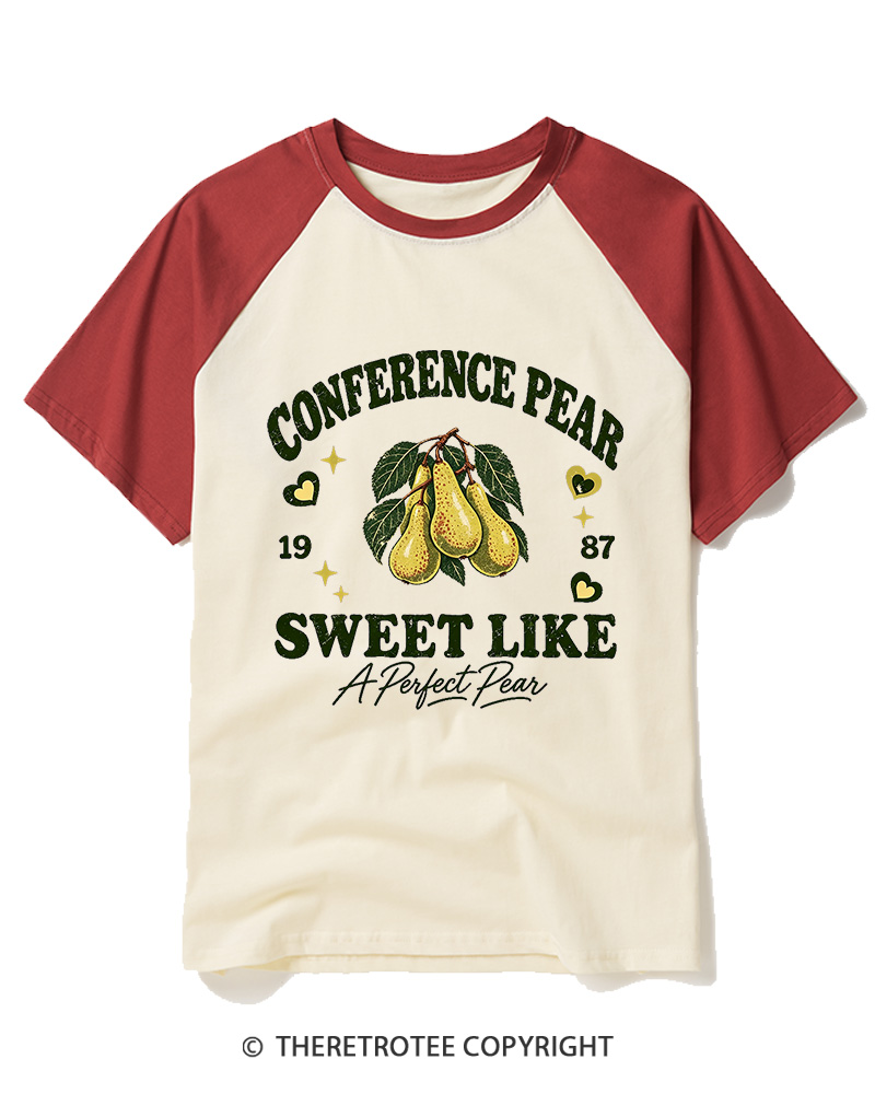 TheRetroTee 1987 British Vintage Conference Pear Graphic Raglan Baseball T-Shirt