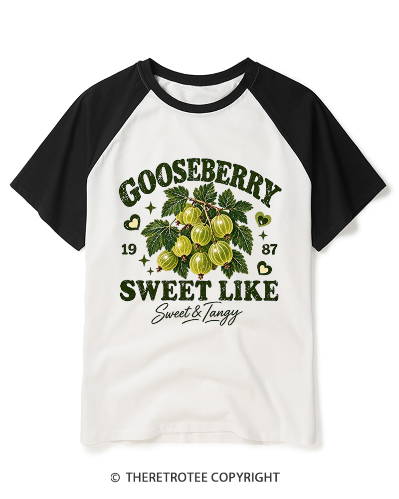 TheRetroTee 1987 British Vintage Gooseberry Graphic Raglan Baseball T-Shirt