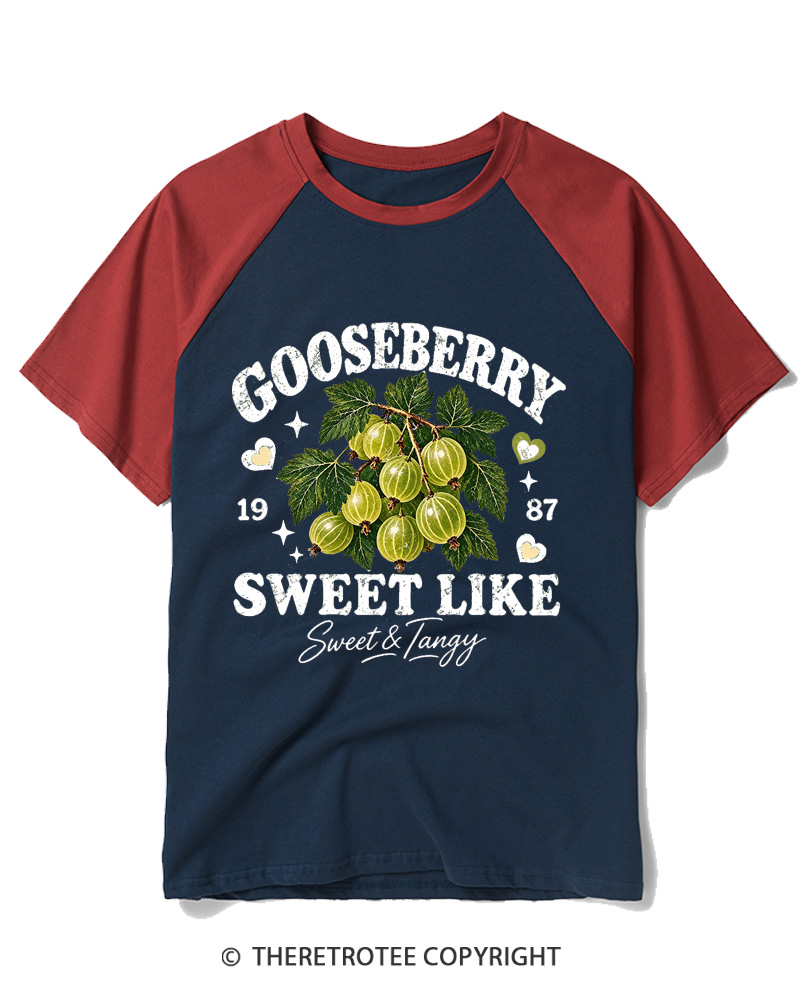 TheRetroTee 1987 British Vintage Gooseberry Graphic Raglan Baseball T-Shirt