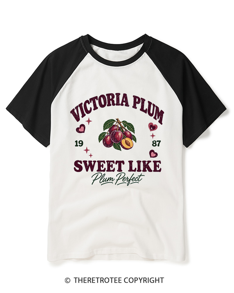 TheRetroTee 1987 British Vintage Victoria Plum Graphic Raglan Baseball T-Shirt