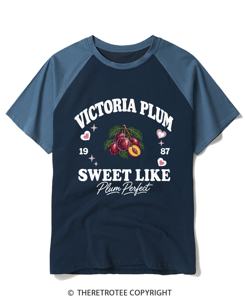 TheRetroTee 1987 British Vintage Victoria Plum Graphic Raglan Baseball T-Shirt