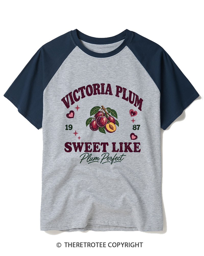 TheRetroTee 1987 British Vintage Victoria Plum Graphic Raglan Baseball T-Shirt