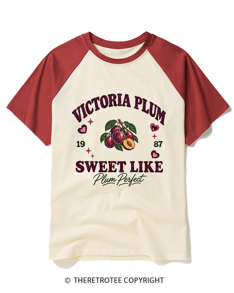 TheRetroTee 1987 British Vintage Victoria Plum Graphic Raglan Baseball T-Shirt