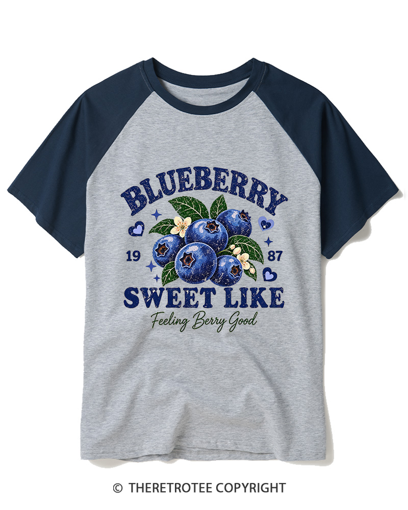 TheRetroTee 1987 Vintage Blueberry Graphic Raglan Baseball T-Shirt