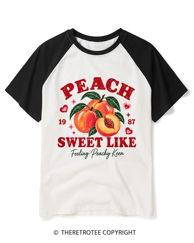 TheRetroTee 1987 Vintage Peach Graphic Raglan Baseball T-Shirt