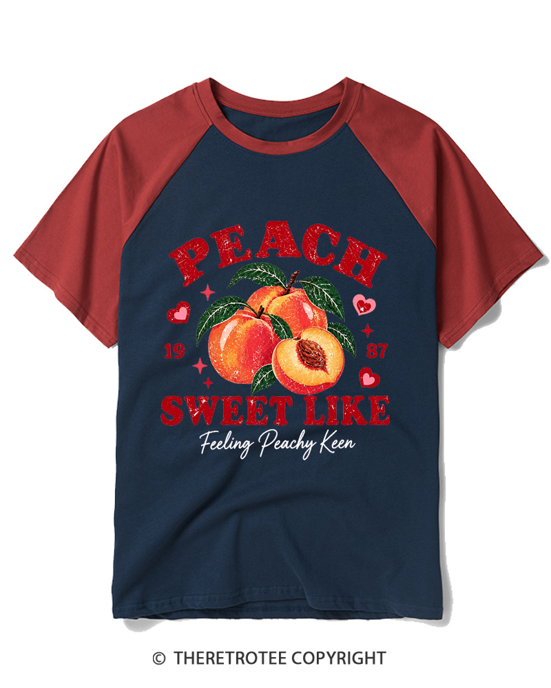TheRetroTee 1987 Vintage Peach Graphic Raglan Baseball T-Shirt
