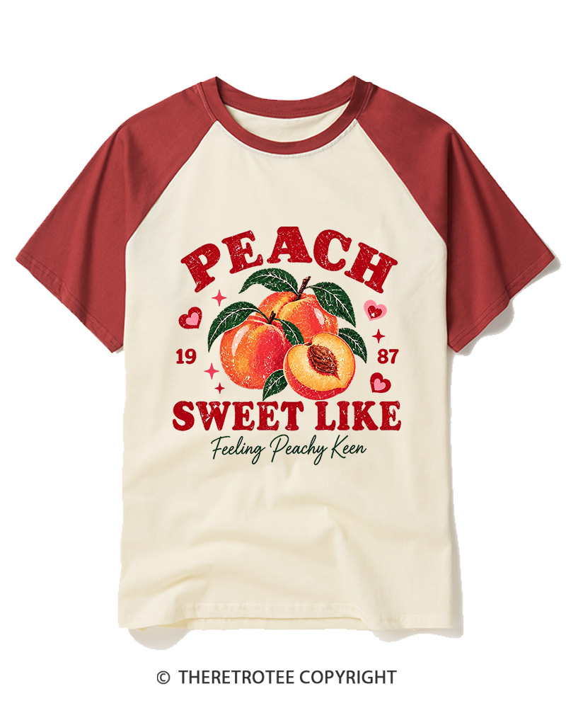 TheRetroTee 1987 Vintage Peach Graphic Raglan Baseball T-Shirt