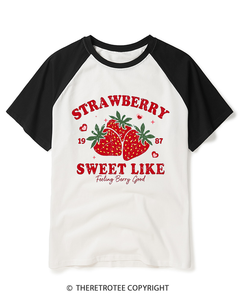 TheRetroTee 1987 Vintage Strawberry Graphic Raglan Baseball T-Shirt