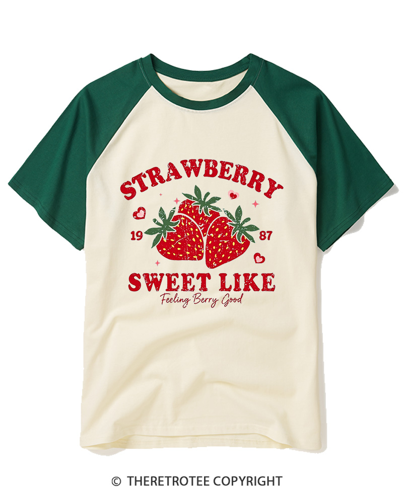 TheRetroTee 1987 Vintage Strawberry Graphic Raglan Baseball T-Shirt