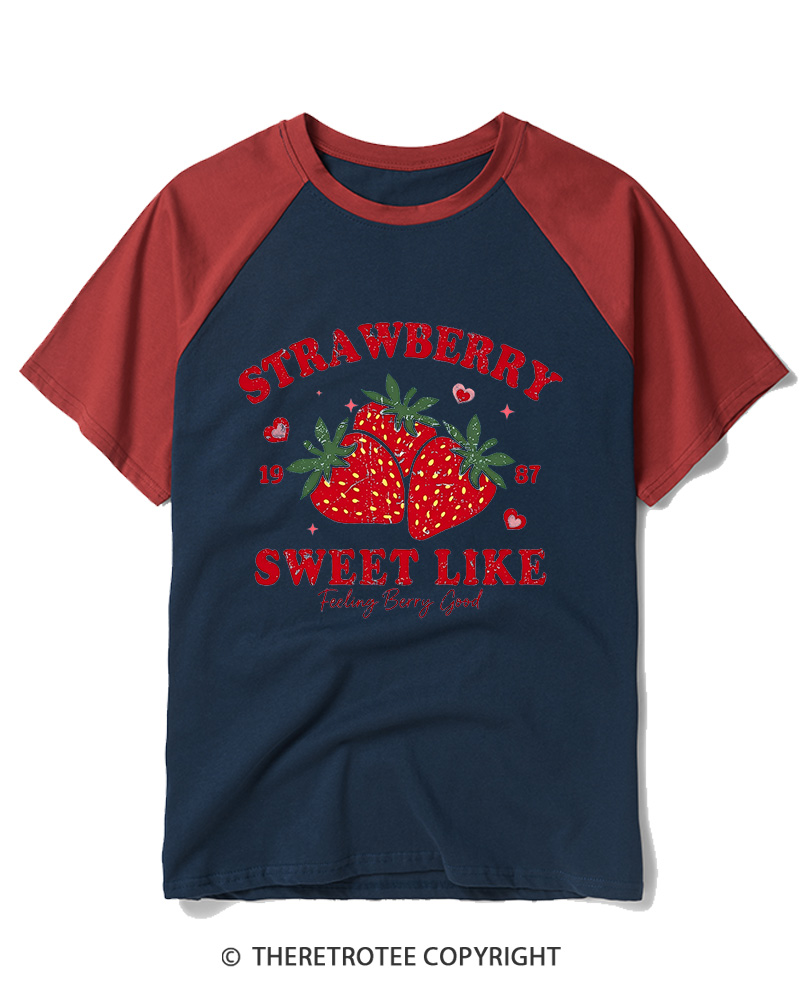 TheRetroTee 1987 Vintage Strawberry Graphic Raglan Baseball T-Shirt