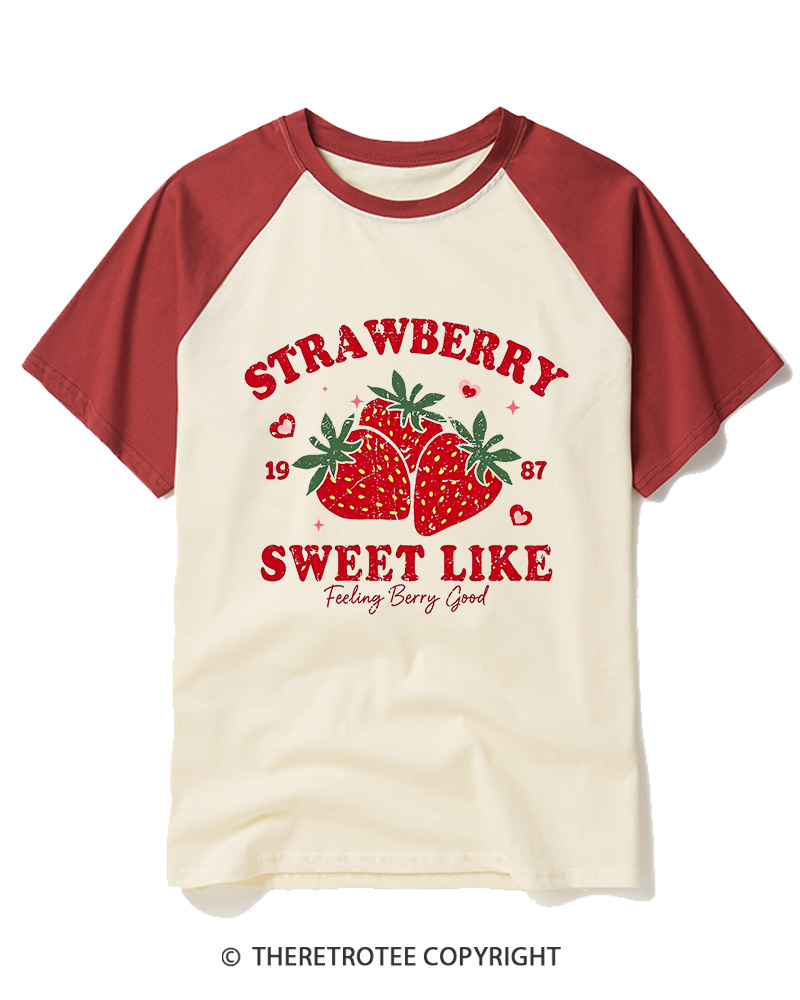 TheRetroTee 1987 Vintage Strawberry Graphic Raglan Baseball T-Shirt