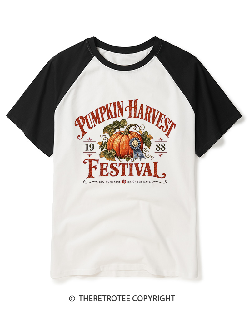 TheRetroTee 1988 Vintage Pumpkin Harvest Graphic Raglan Baseball T-Shirt