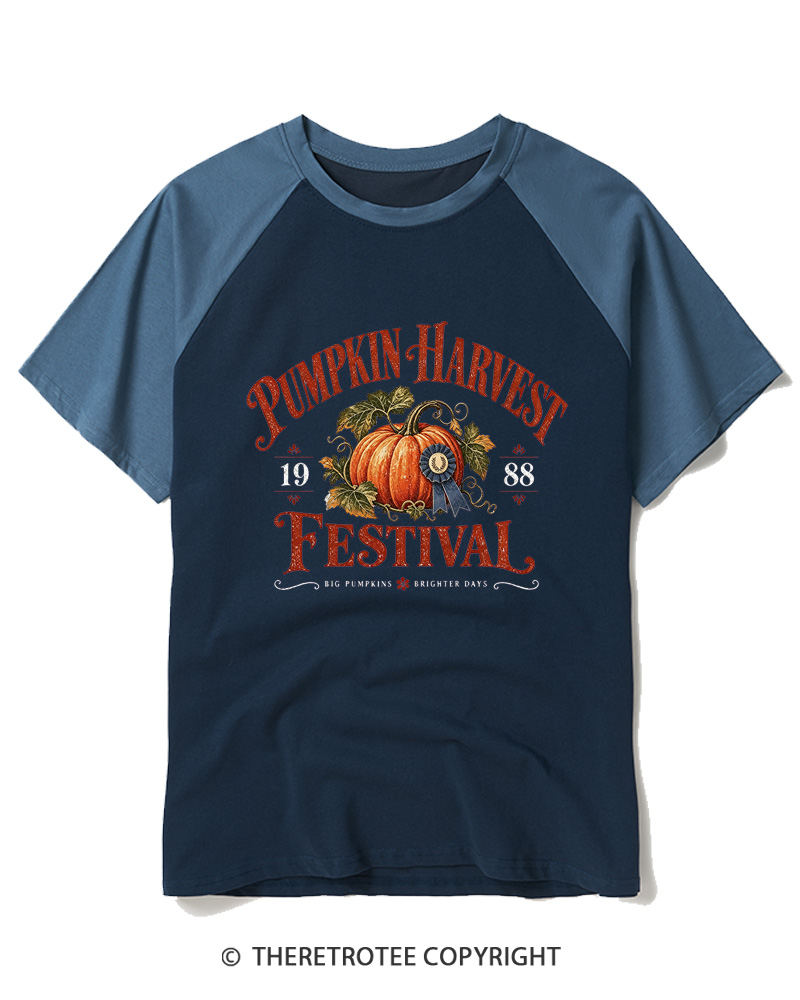 TheRetroTee 1988 Vintage Pumpkin Harvest Graphic Raglan Baseball T-Shirt