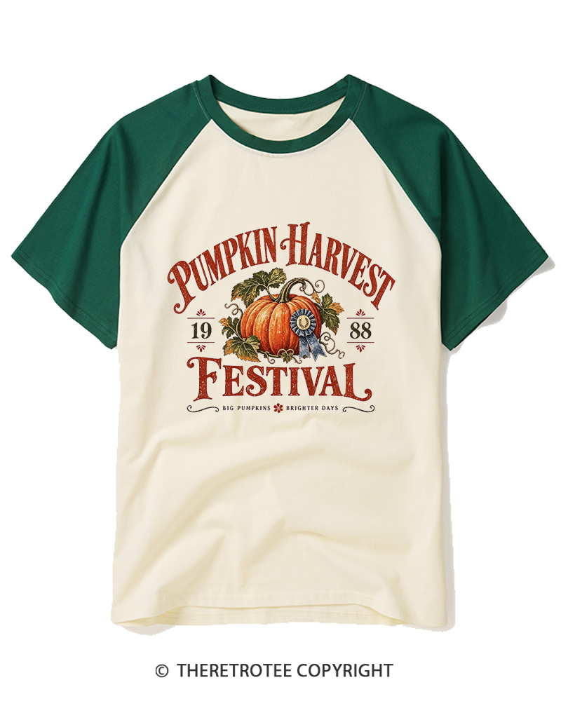TheRetroTee 1988 Vintage Pumpkin Harvest Graphic Raglan Baseball T-Shirt