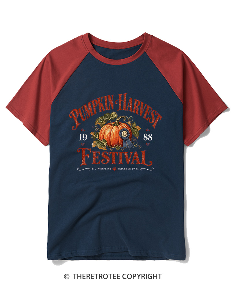 TheRetroTee 1988 Vintage Pumpkin Harvest Graphic Raglan Baseball T-Shirt