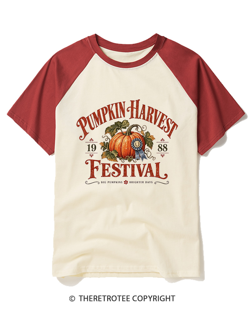 TheRetroTee 1988 Vintage Pumpkin Harvest Graphic Raglan Baseball T-Shirt