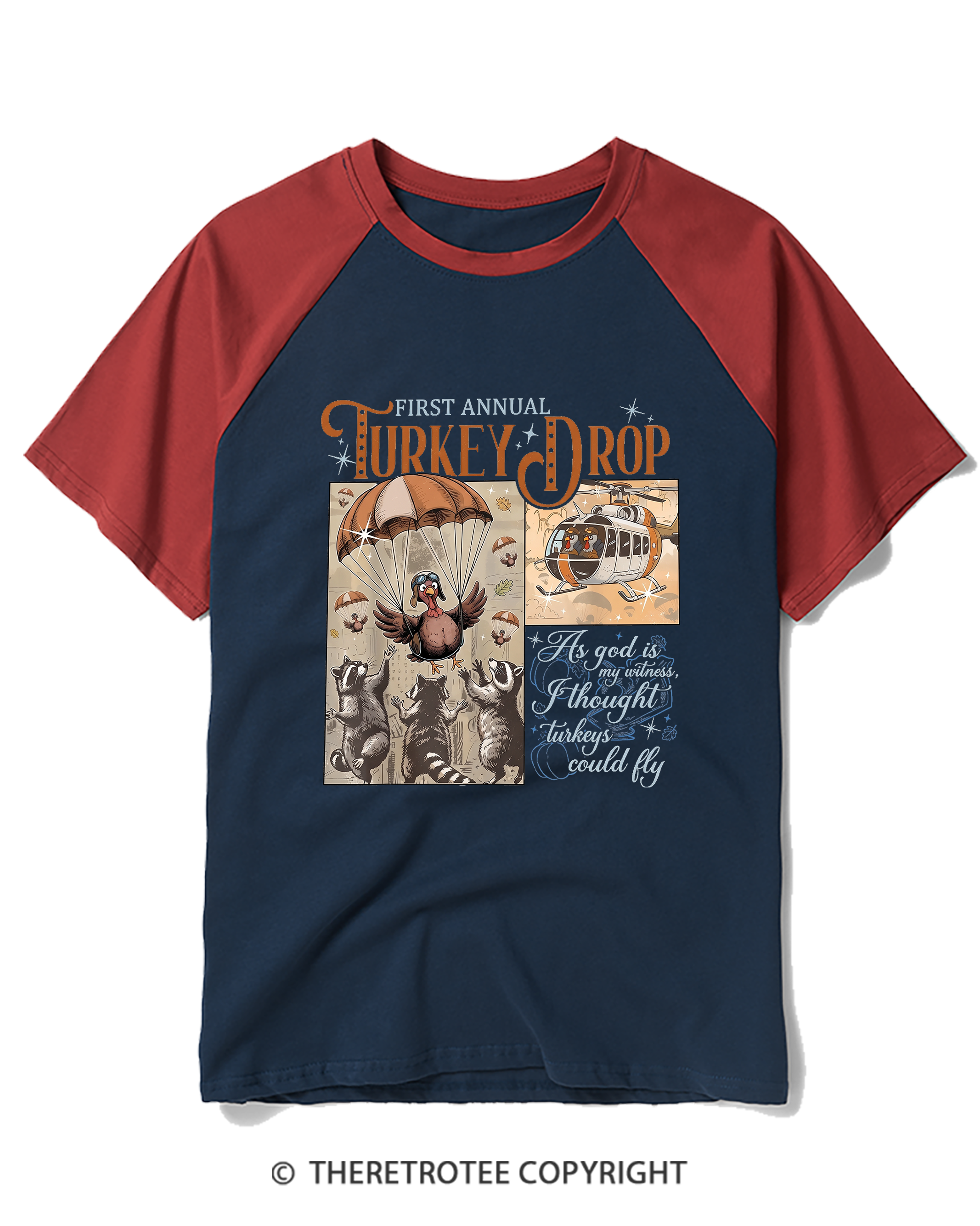 TheRetroTee Vintage First Annual Turkey Drop Raglan Baseball T-Shirt