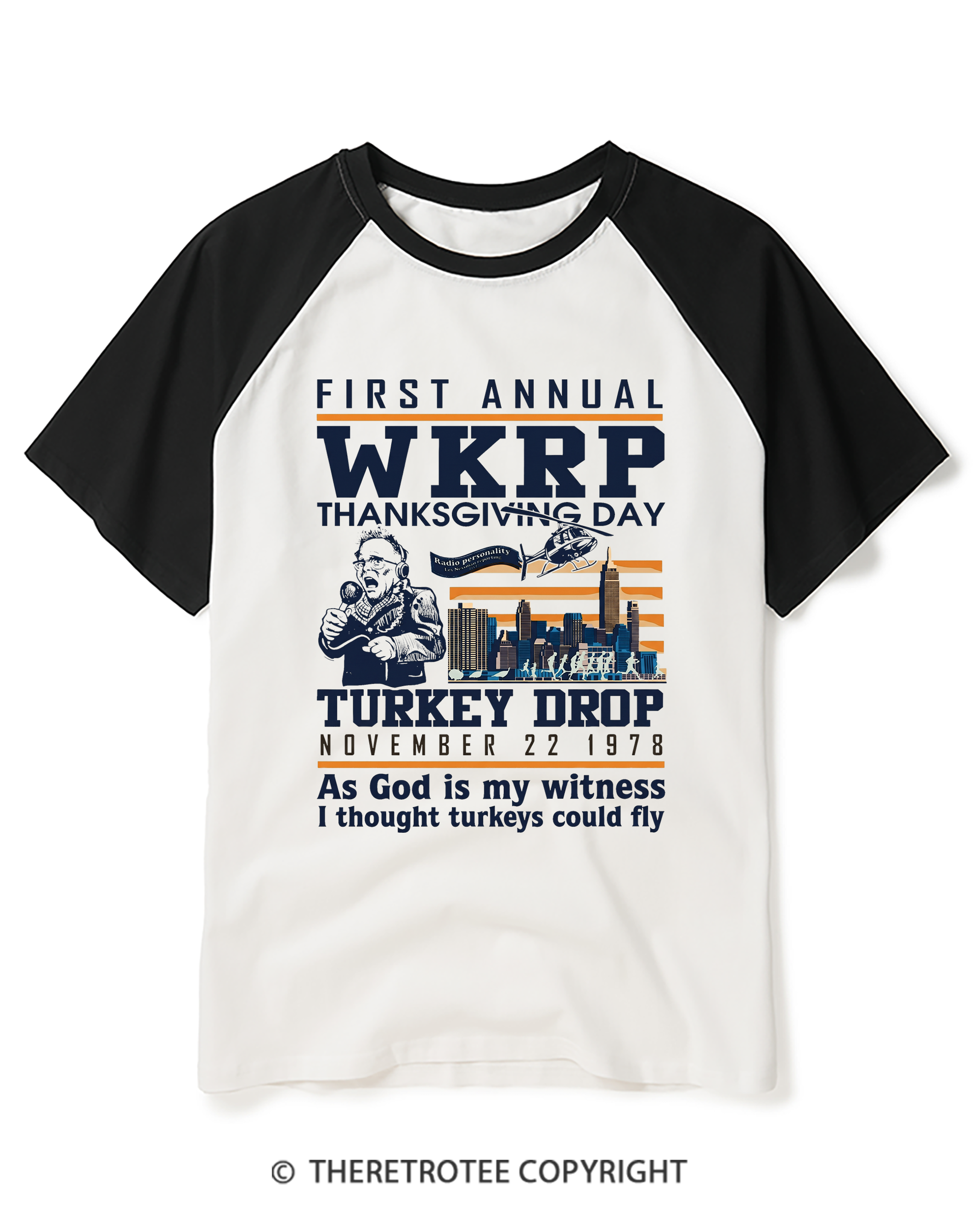TheRetroTee Vintage 1978 WKRP Thanksgiving Day Turkey Drop Raglan Baseball T-Shirt