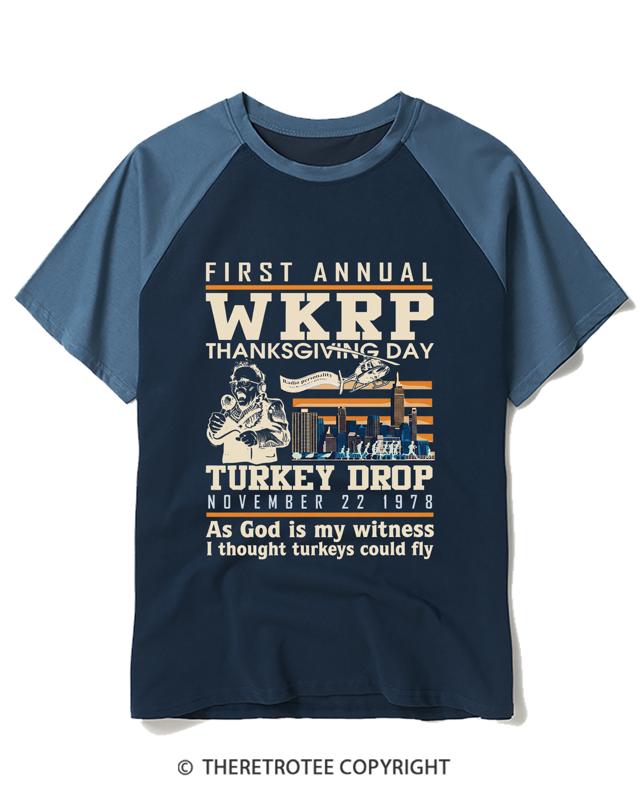 TheRetroTee Vintage 1978 WKRP Thanksgiving Day Turkey Drop Raglan Baseball T-Shirt